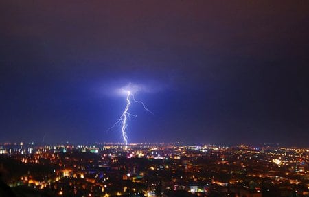 Lightning - town, blue, night, light, photo, dark, force, powerful, lightning, houses, sky, photography, beauty, architecture, nature, lights, bulgaria