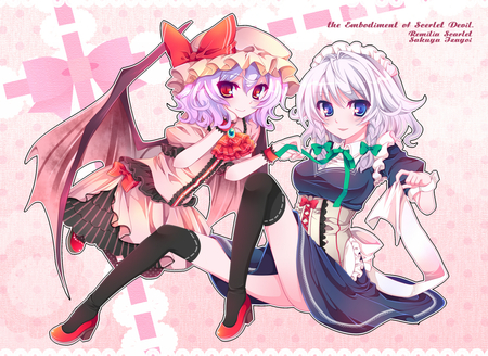 touhou - zayoi sakuya, wings, dress, remilia scarlet, red eyes