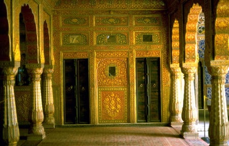 Palace Interior Bikane - arches, yellow, pillars, palace