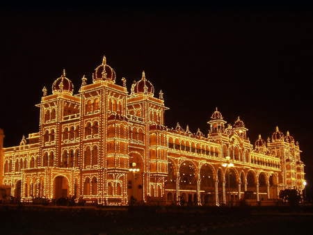 Mysore Palace at Night - illuminations, lights, palace, at night, dark