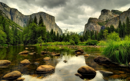 CALM SHALLOW WATER - trees, water, clear, dark sky, bushes, moutain, river, pebbles, shallow, stones, rocky