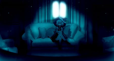 all alone - cusions, cute, shadows, sofa, blonde, dark, anime, girl, maid, light