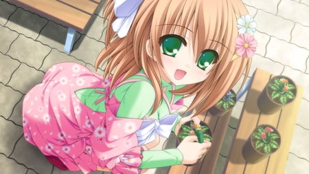 Aogiri Kotono - flowers, girl, cute, green eyes, brown hair, aogiri kotono