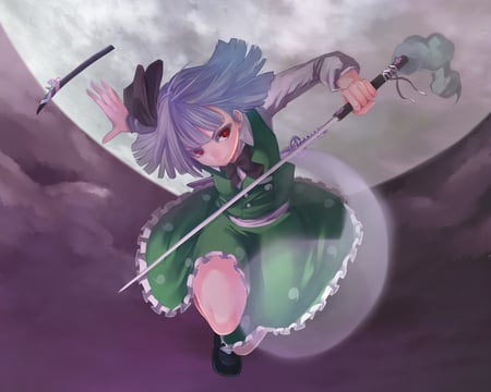 the power of my sword - moon, anime, dress, girl, sword, red eyes, white hair