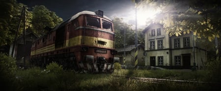 Night Express - night, wallpaper, fantasy, cg, train, train station, abstract, forest, moonlight