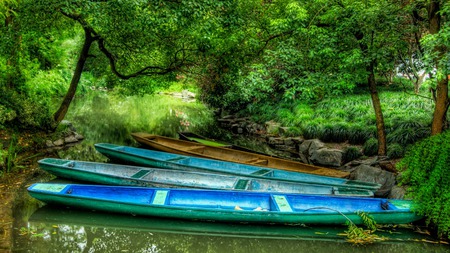 Punts - punts, water, reflection, chains, artwork, trees, abstract