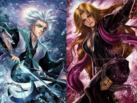 Toushirou & Rangiku - swords, bleach, toushirou, soul reapers, hitsugaya toushirou, blonde hair, cool, clouds, anime, kimono, short hair, toushirou hitsugaya, ice, moon, rangiku, blue eyes, long hair, necklace, shinigami, matsumoto rangiku, rangiku matsumoto, weapons, spiky hair, white hair