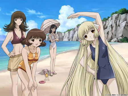 chobits - yumi shimizu, chii chobits hibiya, chitose oomura, takako sumomo swimsuit