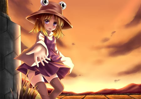 Moriya - hat, touhou, dress, eyes, blonde, thigh highs, suwako