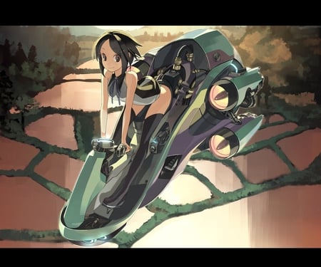 Wanna take a ride ?? - short hair, motorcycle, anime, sunset, fly, mecha, girl, landscape