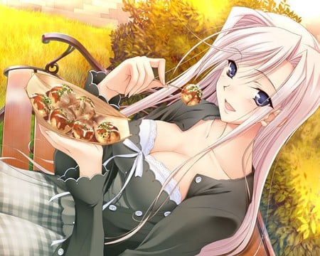 You want some ?? - hot, takoyaki, park, bench, princess lover, game, beautiful, anime, charlotte, food, date, babe