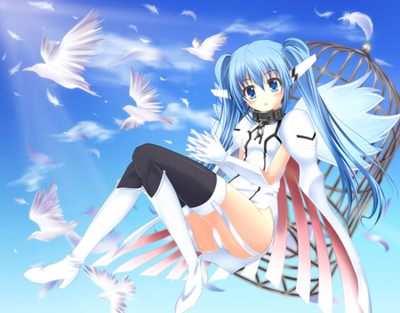 Sora no Otoshimono - beauty, sky, sexy, hot, thigh highs, twintails, blushing, wings, pantsu, anime girl, clouds, beautiful, blush, nymph, cute, birds