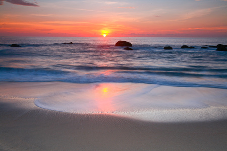 Sunset - beauty, sky, beach, paradise, sun, peaceful, colorful, sunset, view, pretty, reflection, clouds, sand, ocean, lovely, waves, nature, beautiful, splendor, colors, sea