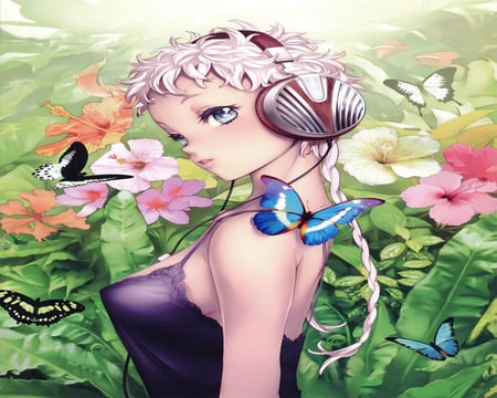 Headphone Girl - flowers, headphone, anime girl, female, beautiful, cute, butterfly, rose