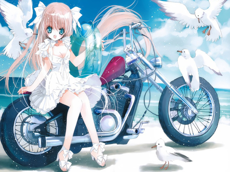 Beautiful at the Beach - motorcycles, anime girl, birds, female, beach, bike, white dress, cloud, cute, sky