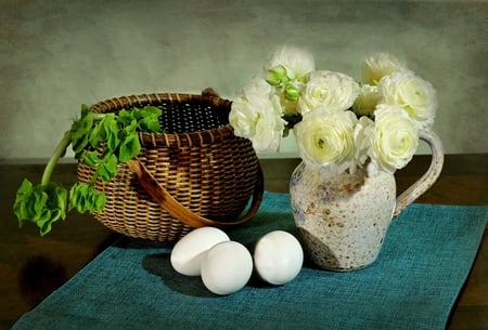 Preparing for Easter - eggs, greens, easter, vase, roses, basket, beautiful, still life