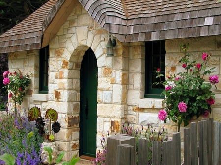 The Fairytale cottage - stone, cottage, roses, beautiful, frontyard