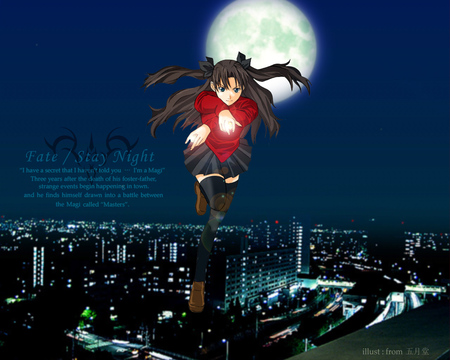 Skyline - moon, tohsaka, girl, ponytail, mini skirt, fate stay night, rin, game, city, anime, jump