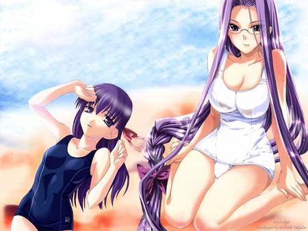 Sakura & Rider - beach, servant, glasses, swimsuit, long hair, black, fate stay night, white, sakura, game, anime, rider, master