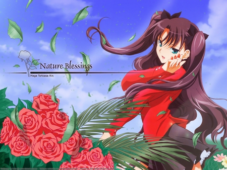 Natural Blessings - game, anime, flower, jewel, rin, black, red, fate stay night, tohsaka