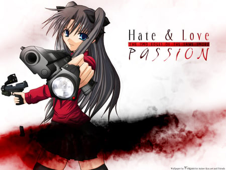 Hate & Love Passion - tohsaka, black, fate stay night, ponytails, rin, game, red, anime, guns