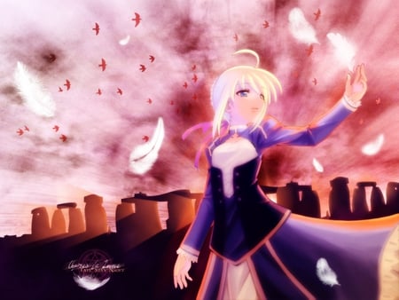 Remembrance this World - saber, arturia, game, anime, knight, england, king, red, feathers, fate stay night, sky