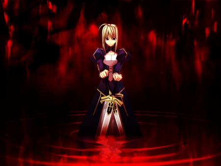 The Blood Throne - saber, caliburn, girl, swords, knight, darkness, king, black, fate stay night, arturia, game, red, blue, anime, excalibur