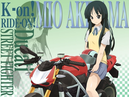 Ride On !! - k-on, motorcycle, anime, school, girl, mio, long hair, uniform