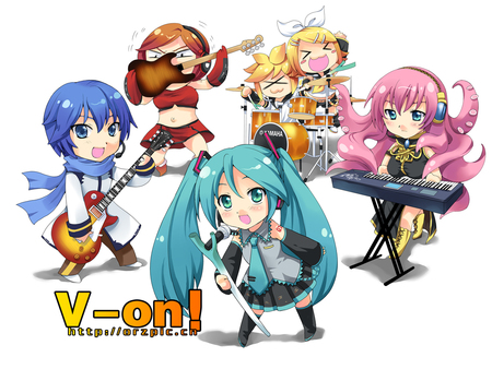 V-On - megurine luka, kagamine, rin, game, vocaloid, anime, twins, cross over, k-on, green hair, len, hatsune miku