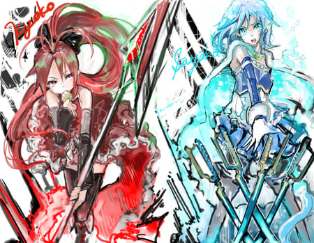 Miki Sayaka and Sakura Kyouko - mahou shoujo madoka magica, beauty, blades, anime girls, sexy, hot, swords, fighting, beauties, fighters, red, blue, beautiful, warriors, weapons, cute