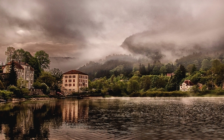 BEAUTIFUL PLACE - misty, flats, trees, holiday, foggy, lake, houses, sky