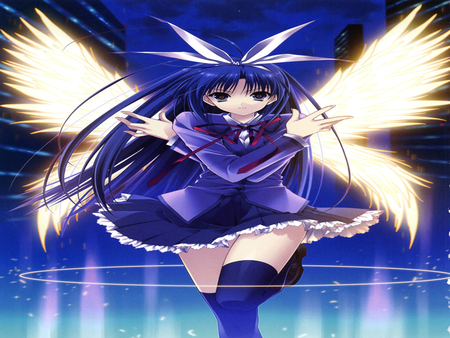 Angel of Power - anime girl, female, light wings, dress, angel, power, night