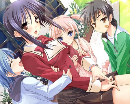 Who are those kids ?? - house, game, anime, troubled, kids, yuu fujikura, school, maid, uniform, princess lover, yard