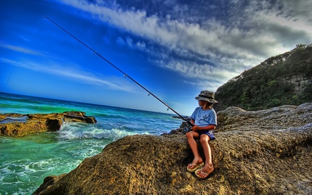 Little Fisherman - sky, ocean, blue, boy, fisherman, rock, little