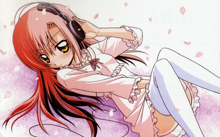 inviting music - anime, nightclothes, girl, blush, petals, tigh high, long red hair, headphones, cute