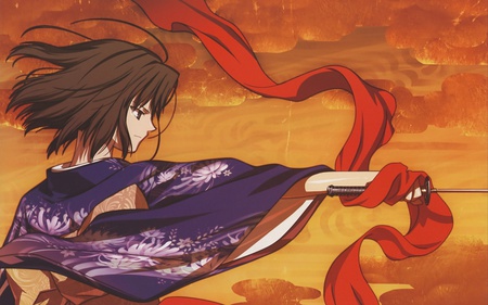 fight till the end (sword) - sky, girl, sunset, fight, brunnette, anime, sword, kimono, red cloth