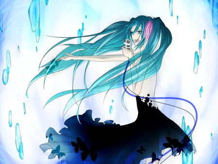 Hatsune Miku - pretty, singing, artistic, light, headphones, nice, program, beauty, virtual, cg, white, butterfly, cute, song, vocaloid, anime, twintail, dress, hatsune miku, microphone, summoning, music, aqua, black dress, art, idol, anime girl, beautiful, crystals, singer, girl, cool, black, glow, miku, awesome, diva, digital, hatsune, vocaloids, headset