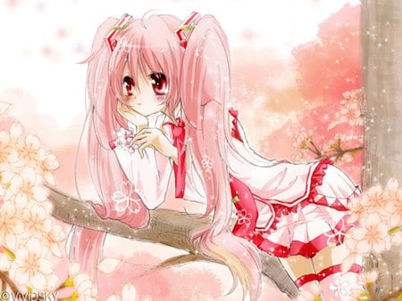 Sakura Miku - tie, pretty, artistic, pink, uniform, pink eyes, nice, program, hot, beauty, virtual, sakuram petals, red eyes, cg, wind, drawing, cute, song, blowing, sexy, vocaloid, anime, twintail, hatsune miku, music, red, sakura miku, pink hair, art, idol, anime girl, skirt, beautiful, singer, girl, cool, tree, miku, awesome, diva, painting, digital, hatsune, vocaloids