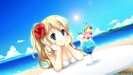 Beach with Mugi - beach, drink, swimsuit, long hair, mugi, white, k-on, anime, golden hair, flower