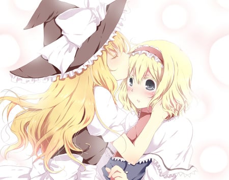 Touhou - long hair, kiss, blonde hair, hat, kirisame marisa, blue eyes