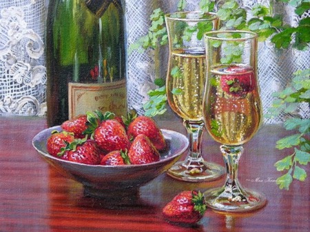 champagne  - strawberries, champagne, bottle, vines, bowl, curtains, table, goblets