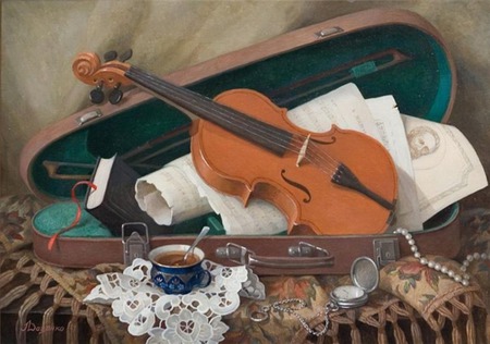 music with words - drink, case, table, violin, notes, book, cup