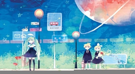 rocket to the mooon - rin, moon, miku, saturn, bus stop, len