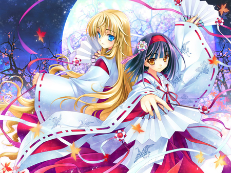 Together Forever Sister - riv, moon, saginomiya sunao, forever, together, fan, night, fall, saginomiya hiori, kurenai no tsuki, sister, leaf