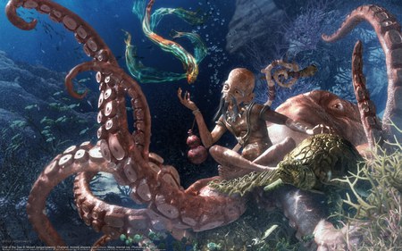 God of the Sea - hd, ocean, octopus, 3d, water, aquatic, sea