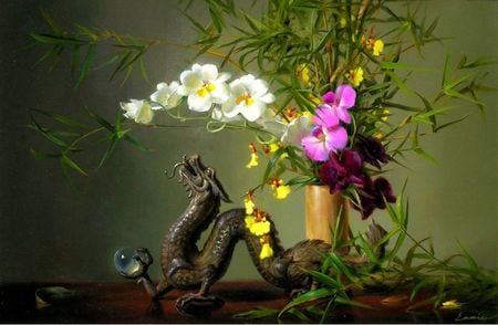 Still life - sculpture, still life, vase, painting, nature, white, yellow, pink, arrangement, beautiful, dragon, green, colors, flowers