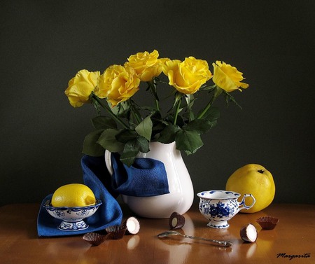 still life - nice, roses, photography, bouquet, rose, still life, pretty, yellow, cool, kettle, apple, harmony, lovely, cup, fruit, candy, lemon, beautiful, flowers, photo, elegantly, flower