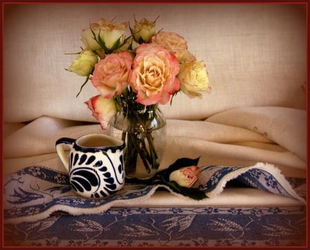 still life - milk pot, still life, roses, vase