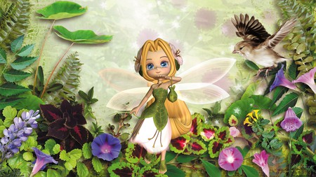 Tiny Spring Fairy - angel, morning glory, summer, spring, foliage, bird, fairy, flowers, fae