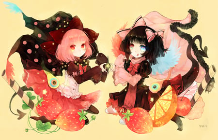 mahou shoujo madoka magica - red eyes, strawberry, blue eyes, pink hair, 2girls, black hair, dress